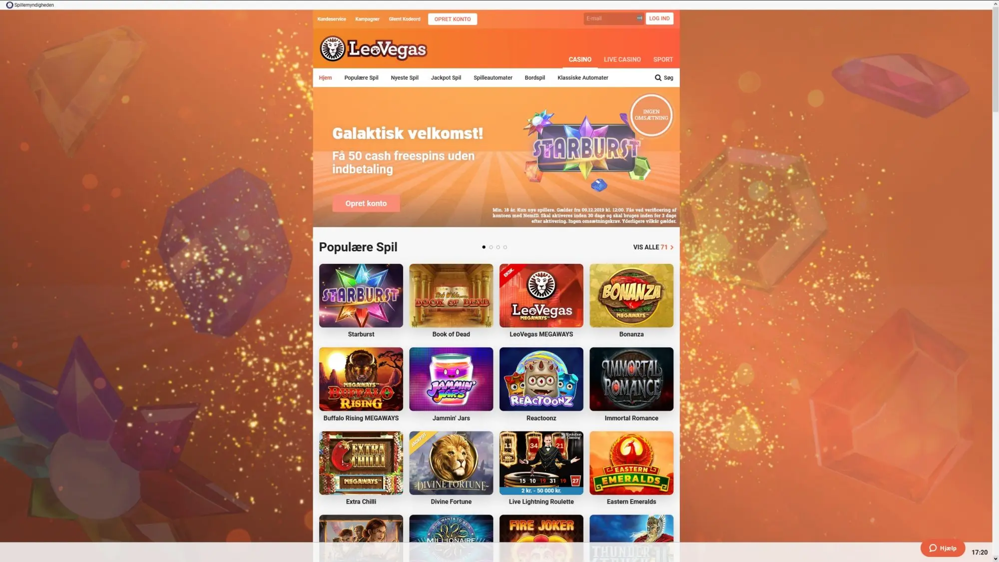 Captura de pantalla de la página principal de Leovegas mostrando juegos y promociones