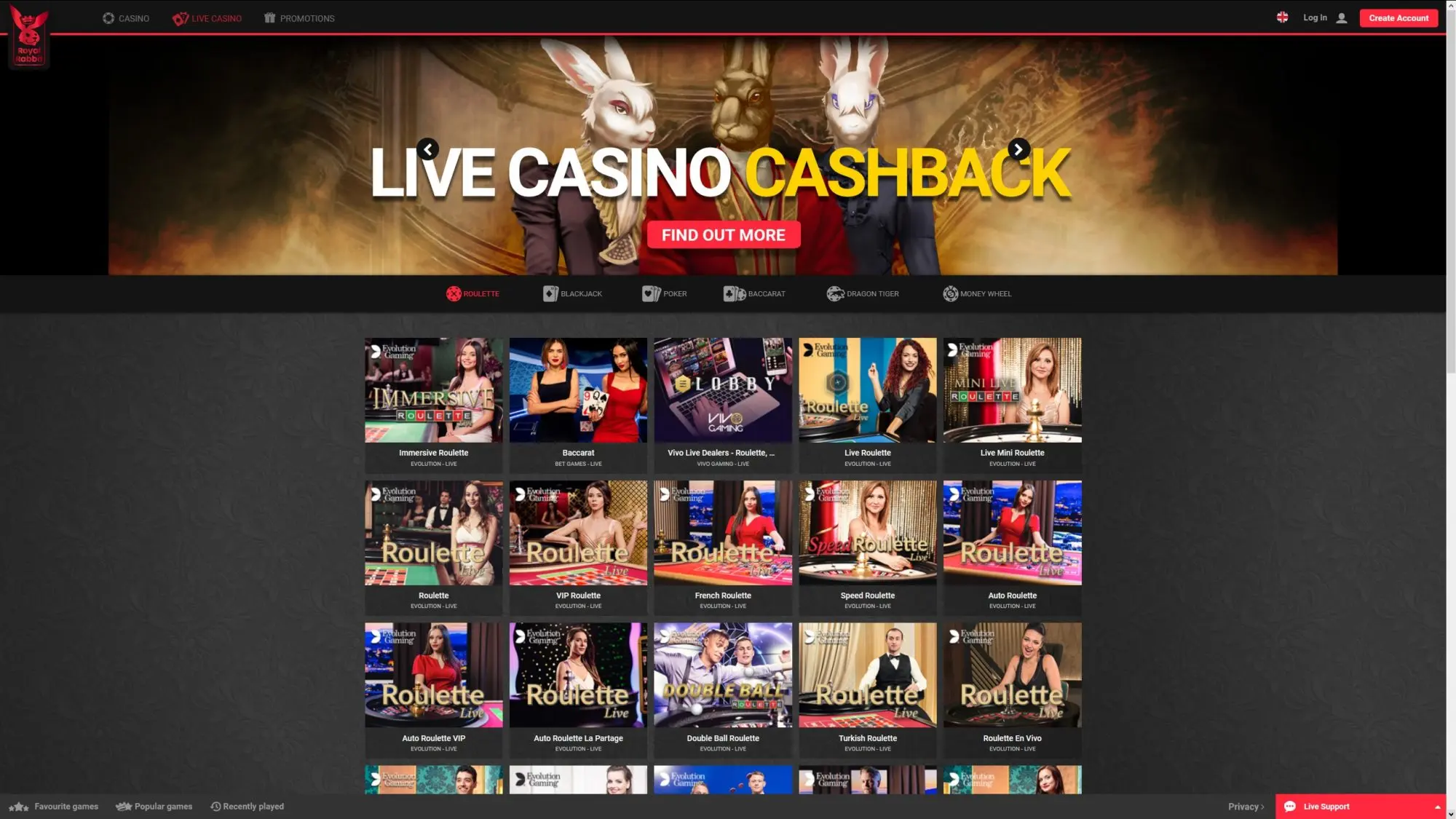 Royal Rabbit Casino tarjoaa live -kasinoa